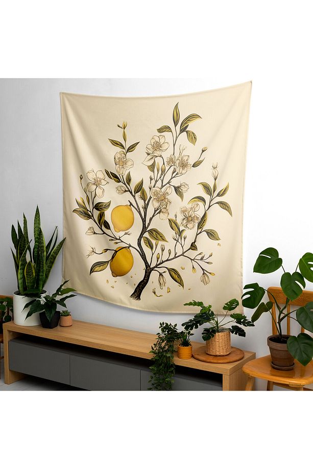 Minimalist Stil Limon Ağacı Duvar Örtüsü - %100 Pamuk Sırtlı, Ranforce Kumaş - Canlı Renkler, - 3
