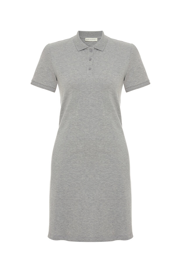 Women's Gray Melange Polo Collar Short Sleeve Mini Dress