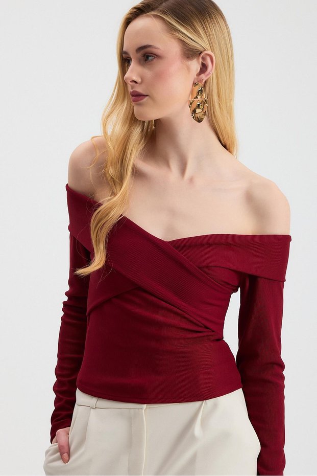 Burgundy Cross Madonna Collar Blouse 12748