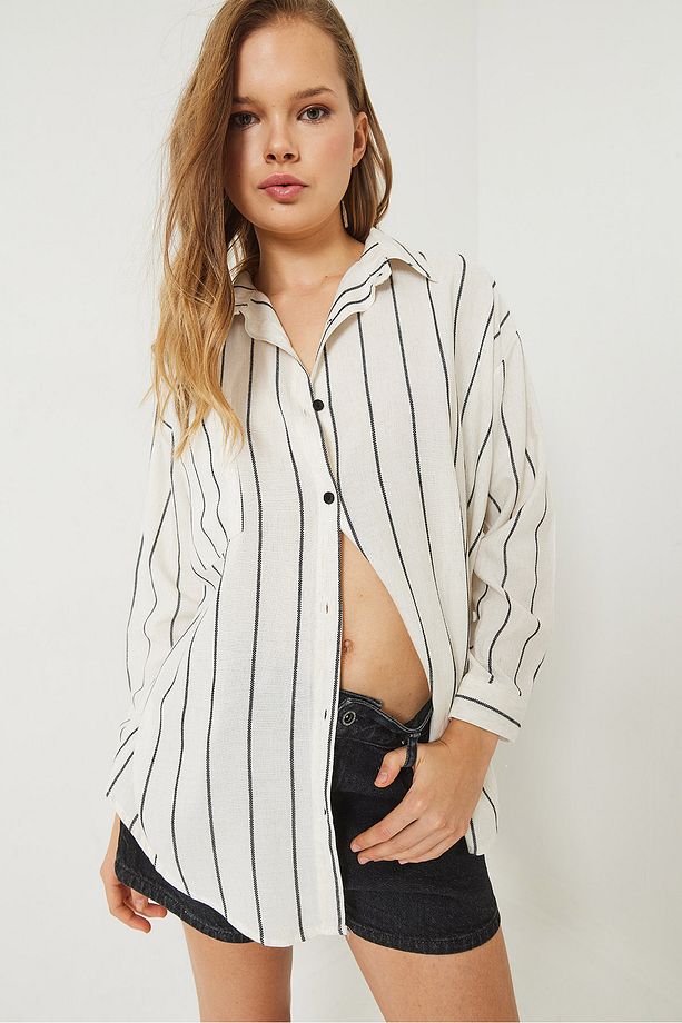 Kadın Çizgili Uzun Kollu Tek Cep Detaylı Keten Oversize Gömlek 60283070 - 6