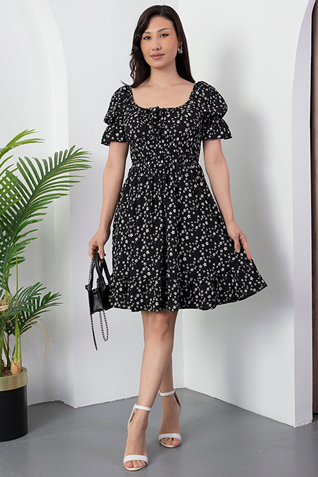 Beli Gipeli Çiçekli Bağcıklı Elbise Q001 - 1