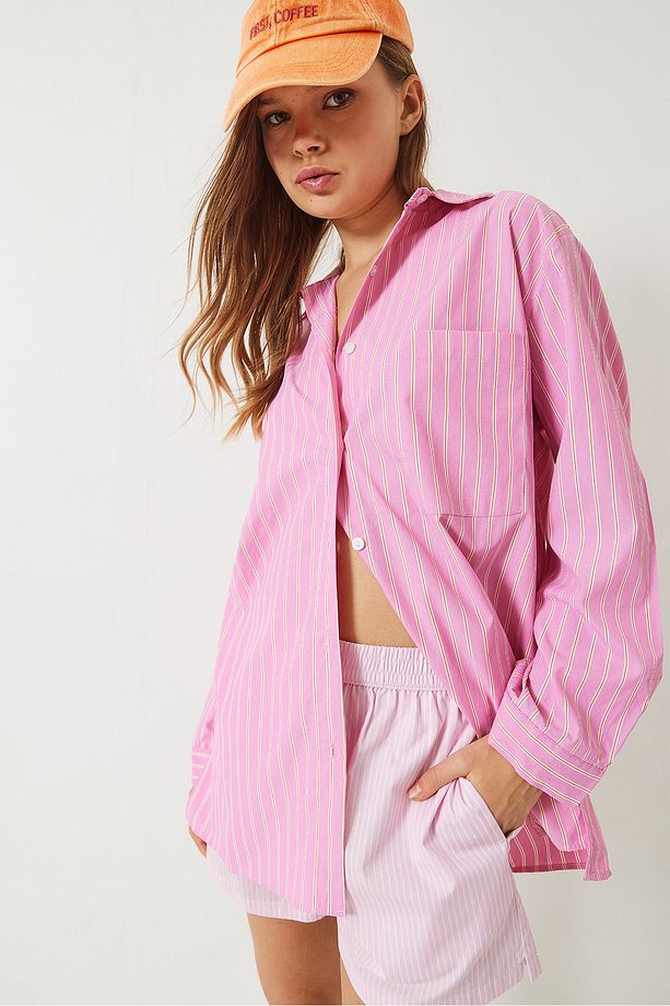 Kadın Tek Cep Detaylı Çizgili Poplin Gömlek 60283071 - 5