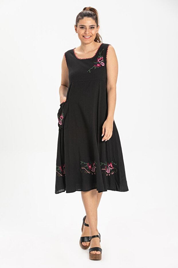 Sleeveless Şile Fabric Burçak Midi Length Summer Dress Black Syh