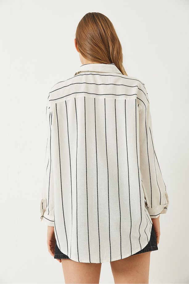 Kadın Çizgili Uzun Kollu Tek Cep Detaylı Keten Oversize Gömlek 60283070 - 8