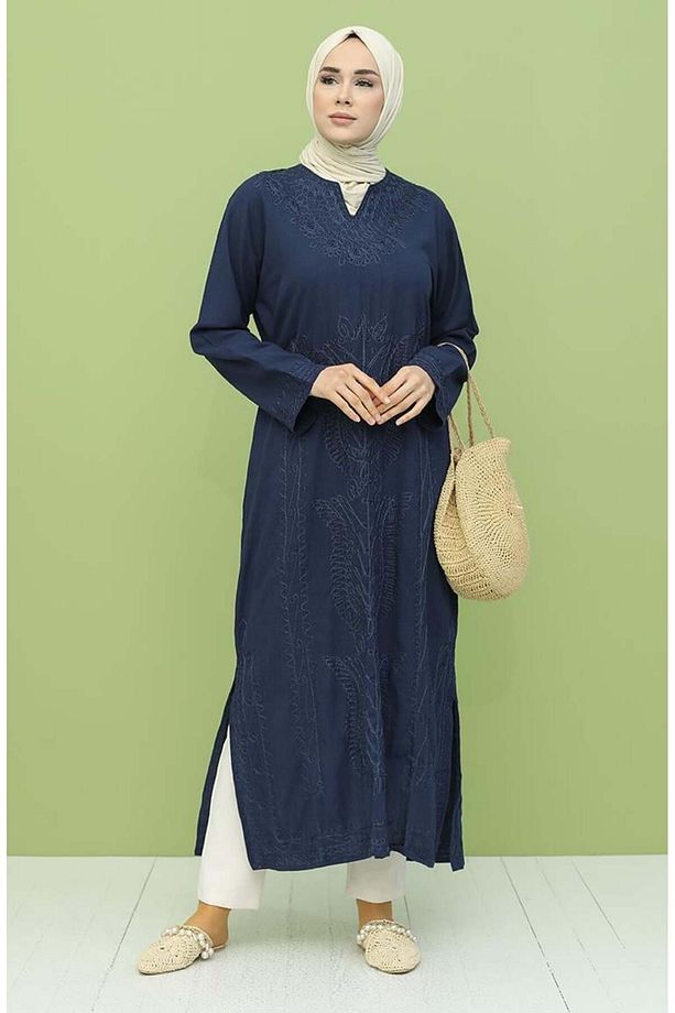 Uzun Kol Şile Bezi Simli Kaftan Midi Boy Yazlık Elbise Lacivert Lcvt - 6