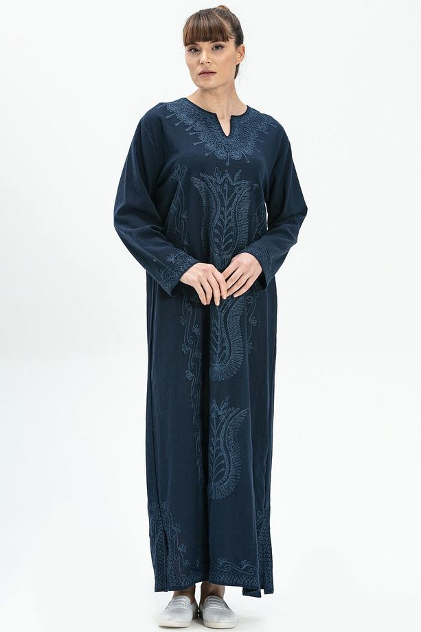 Uzun Kol Şile Bezi Simli Kaftan Midi Boy Yazlık Elbise Lacivert Lcvt - 1