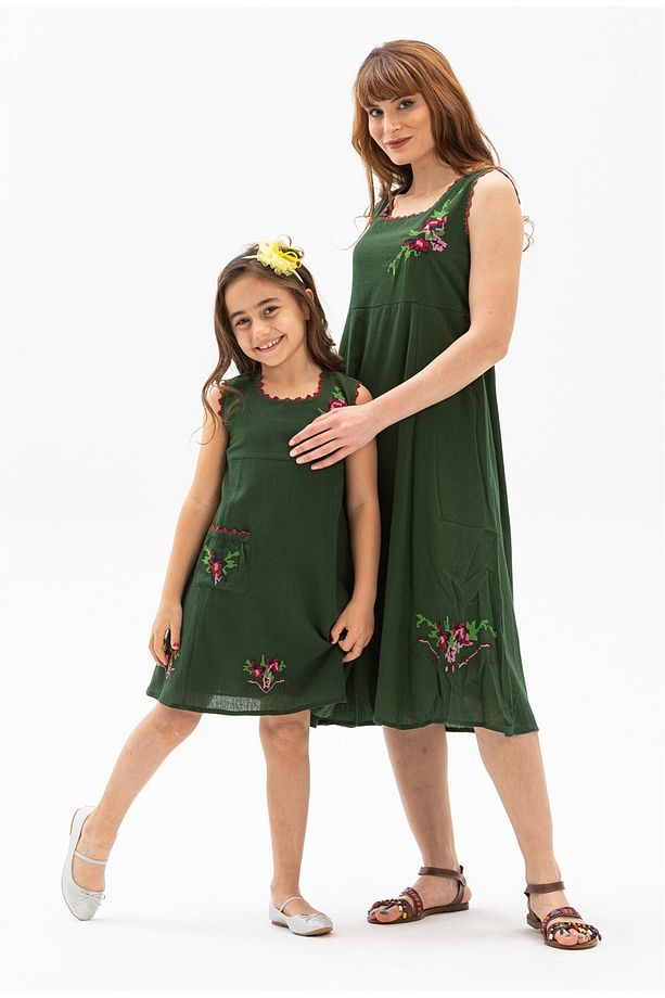 Kolsuz Şile Bezi Burçak Midi Boy Yazlık Elbise Yeşil Ysl - 3