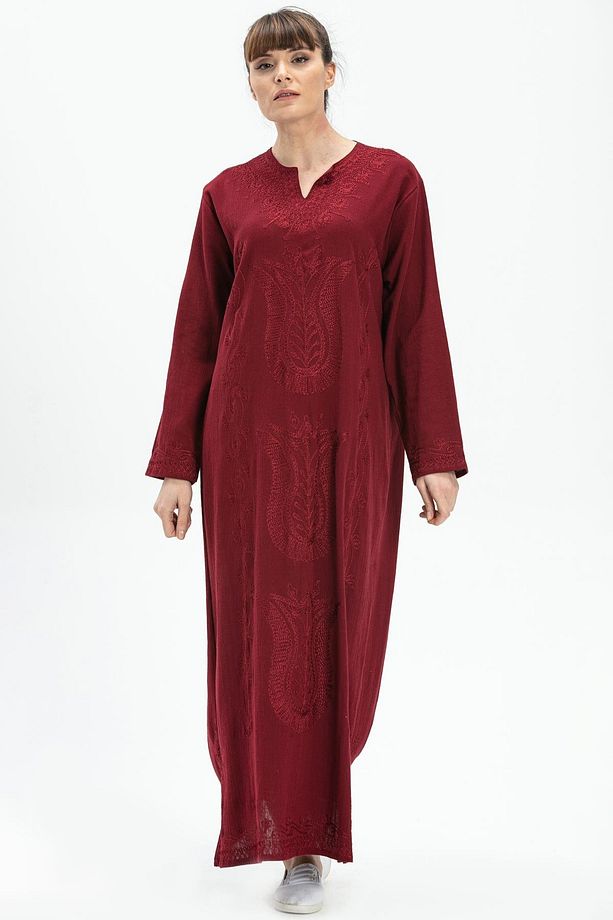 Uzun Kol Şile Bezi Simli Kaftan Midi Boy Yazlık Elbise Bordo Brd - 1