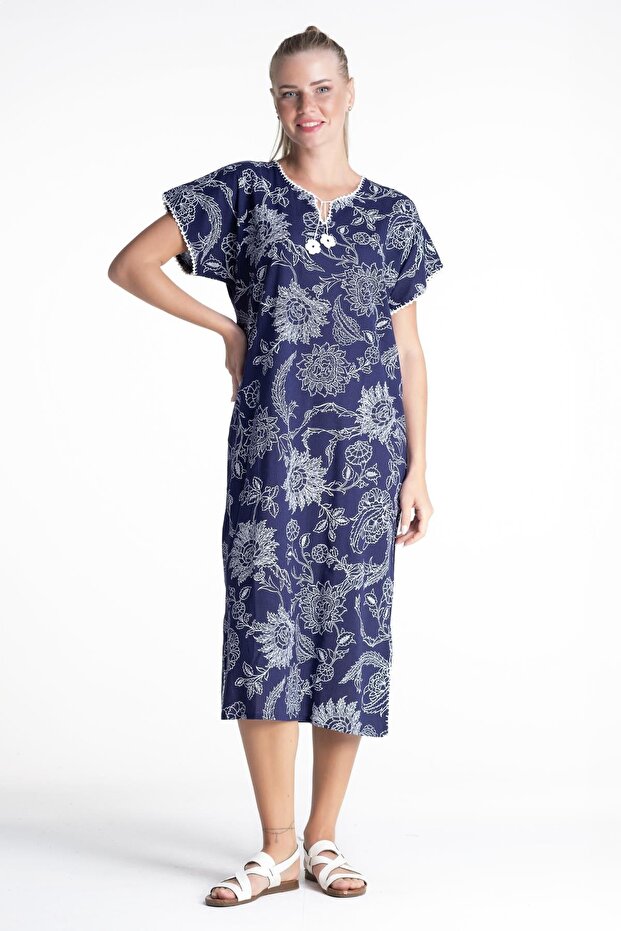 Short Sleeve Şile Fabric Printed Long Summer Dress Çınar Pattern Purple Purple