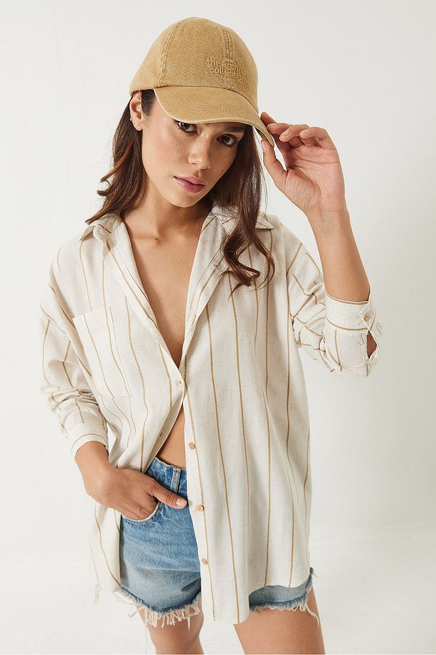 Kadın Çizgili Uzun Kollu Tek Cep Detaylı Keten Oversize Gömlek 60283070 - 3