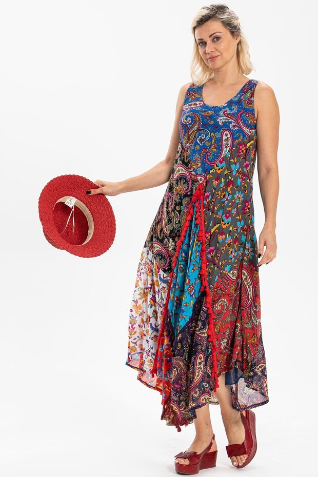 Sleeveless Voile Peçvörk Long Summer Authentic Dress Cobalt Blue Sks