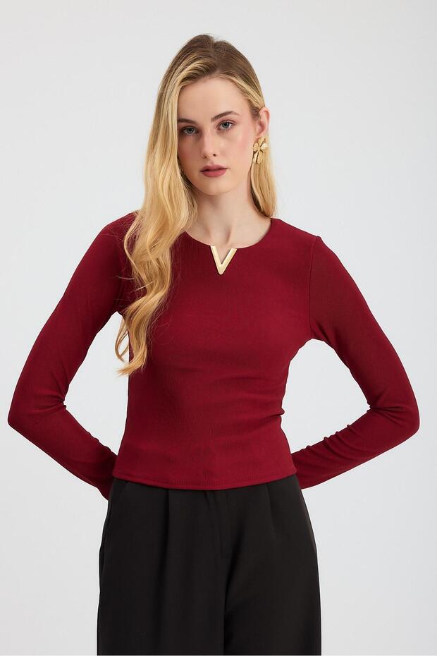 Burgundy Collar V Iron Blouse 13084