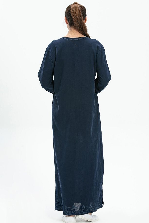 Uzun Kol Şile Bezi Simli Kaftan Midi Boy Yazlık Elbise Lacivert Lcvt - 3