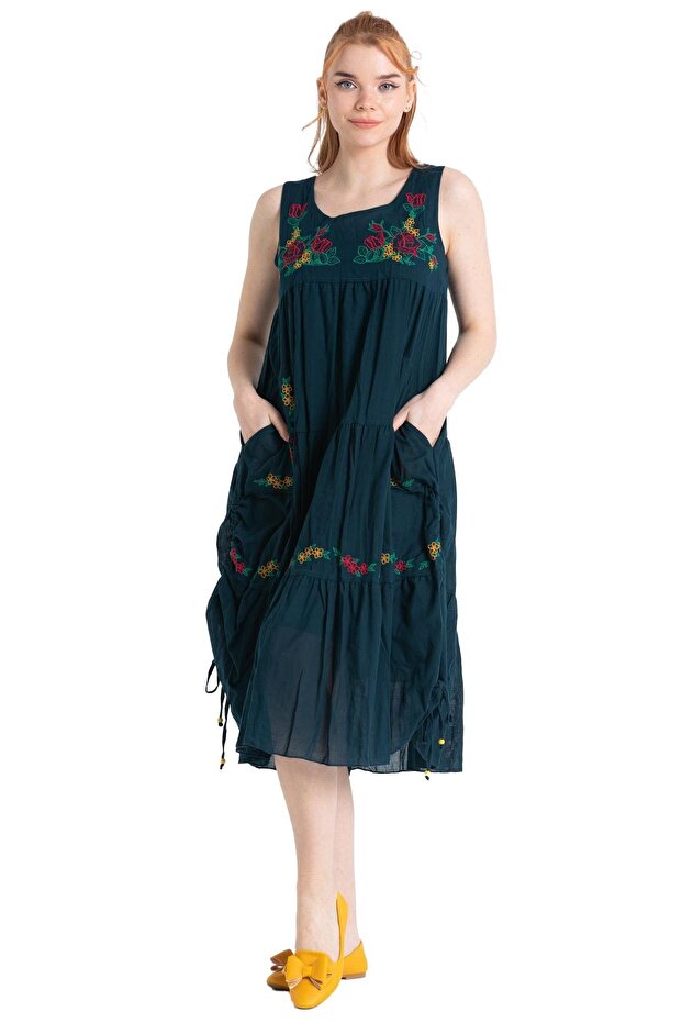 Kolsuz Vual Ahsen Nakışlı Midi Boy Yazlık Elbise Petrol Ptrl - 8