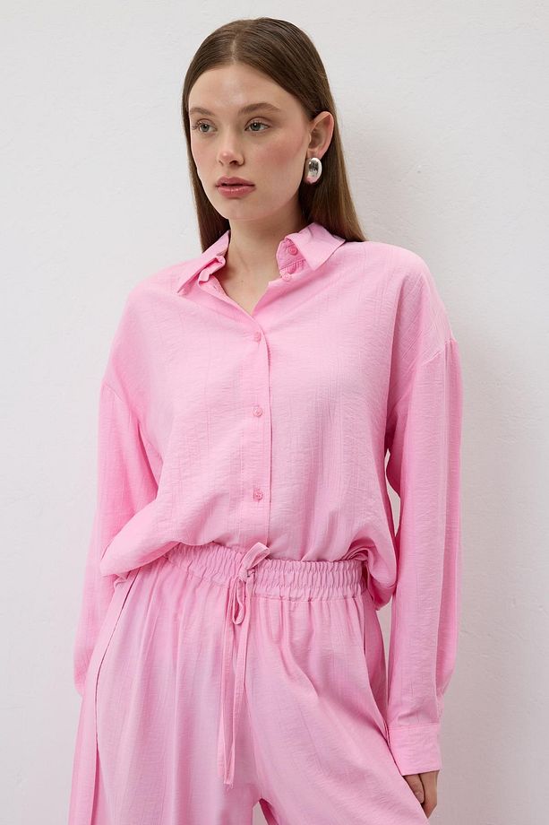 Önü Düğmeli Oversize Gömlek PEMBE - 3