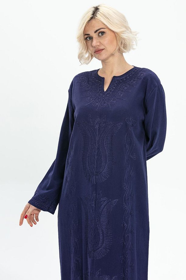 Uzun Kol Şile Bezi Simli Kaftan Midi Boy Yazlık Elbise Mor Mor - 4
