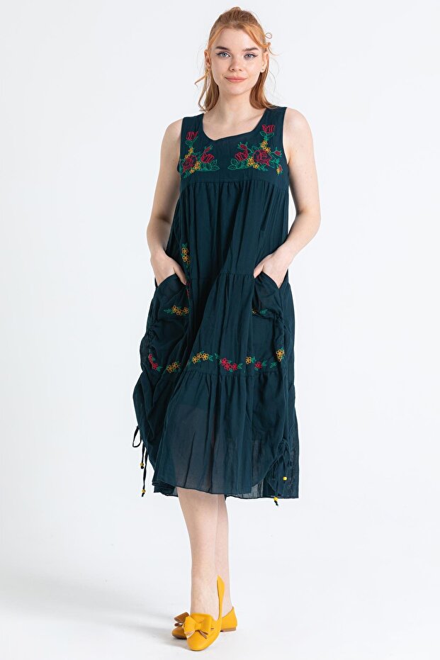 Kolsuz Vual Ahsen Nakışlı Midi Boy Yazlık Elbise Petrol Ptrl - 1