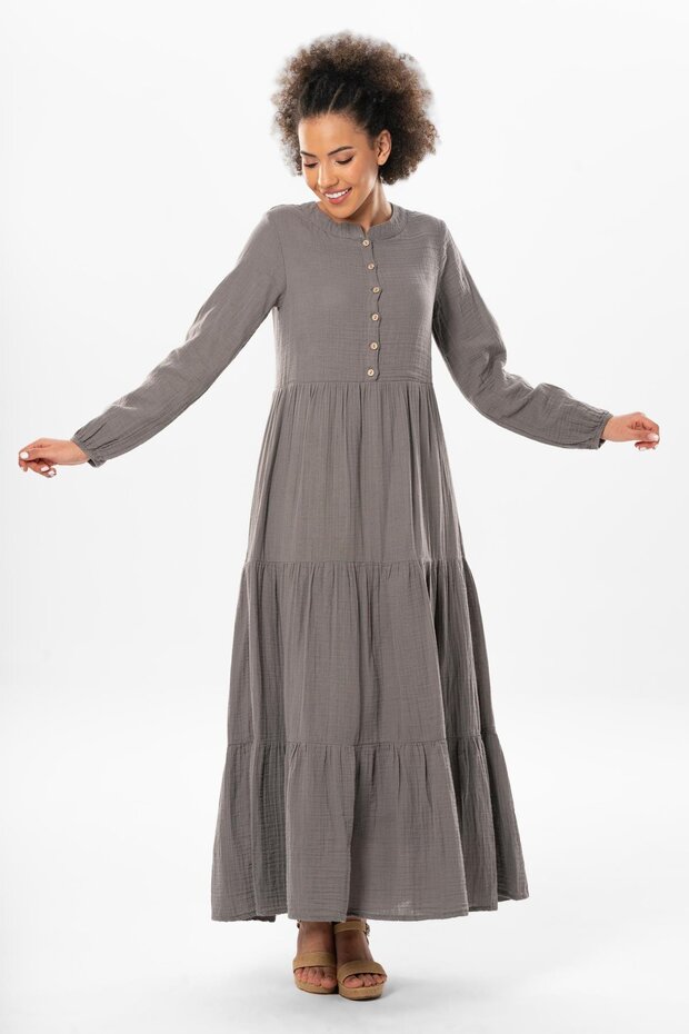 Long Sleeve Akay Long Button Detail Summer Muslin Dress Gray Gray