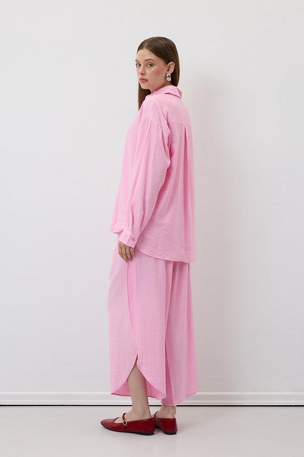 Önü Düğmeli Oversize Gömlek PEMBE - 4