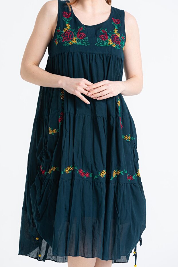 Kolsuz Vual Ahsen Nakışlı Midi Boy Yazlık Elbise Petrol Ptrl - 4