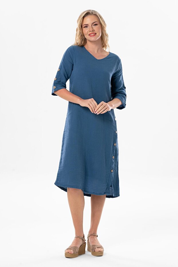 Truvakar Sleeve Izel Midi Length Summer Muslin Dress Indigo indg