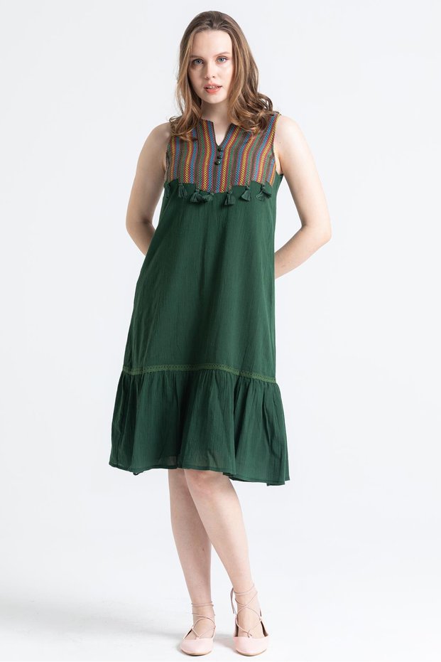 Sleeveless Şile Fabric Ilgaz Midi Length Summer Dress Green Ysl