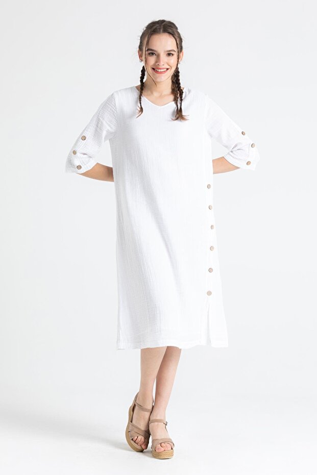Truvakar Sleeve Izel Midi Length Summer Muslin Dress White Byz