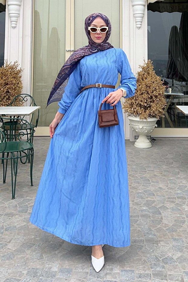 Guipure Detailed Hijab Dress Blue 1008-1