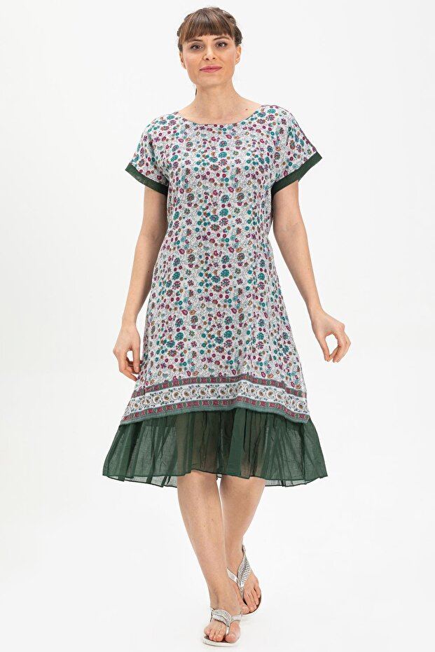 Short Sleeve Voile Laurel Midi Length Summer Authentic Dress Green-White 6095