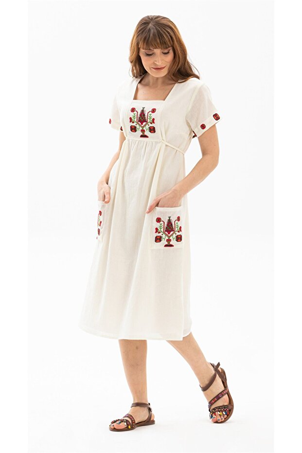 Short Sleeve Sile Fabric Plus Size Melek Midi Length Summer Dress Cream Krm
