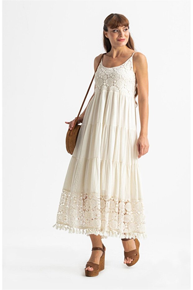Askılı Şile Bezi Didem Long Summer Dress Cream Krm