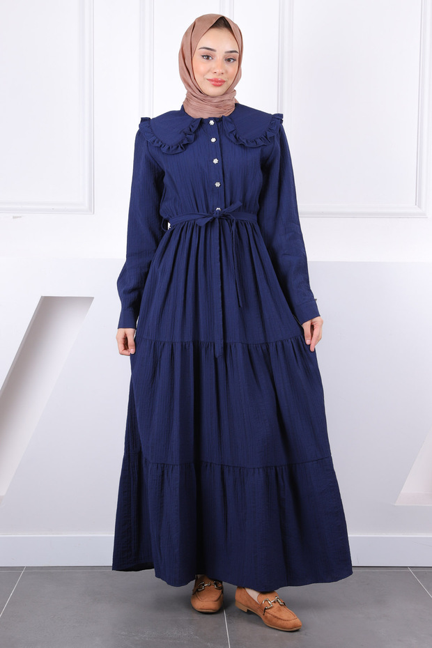 Navy Blue Baby Collar Belted Gofra Dress