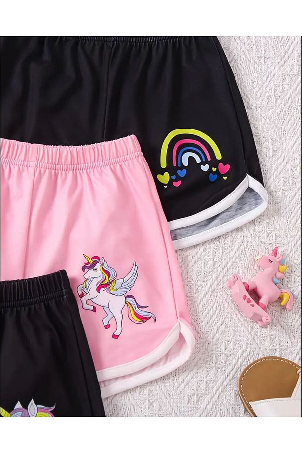 Kız Çocuk 3'lü Paket Unicorn Baskılı Biyeli Şort(SSP) - 2