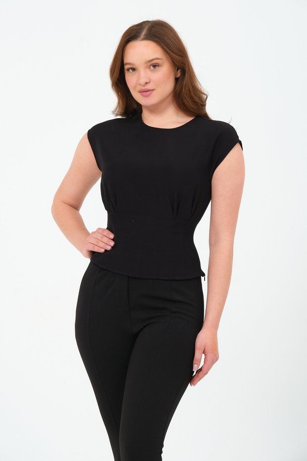 Women's Black Zipper Detailed Waist Fitted Blouse