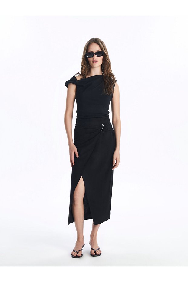 Nevavm Women's Plain Linen Blend Skirt with Zipper at the Waist