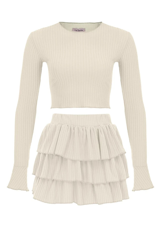 Women's Sugar And Spice Ecru Soft Ribbed Shorts Skirt Top Set
