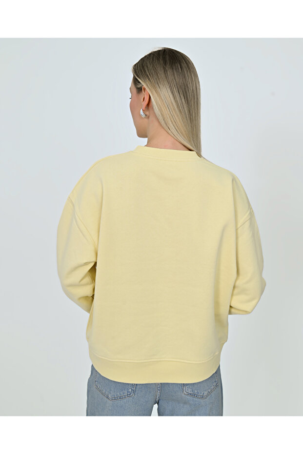 Kadın Sarı Pamuklu Düz Basic Sweatshirt - 5