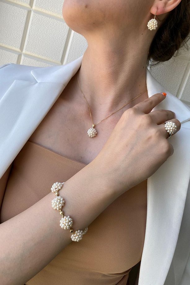 14 Ayar Altın 3 mm Prenses Model Doğal İnci Küpe Kolye Bileklik Yüzük Dörtlü Set - 2