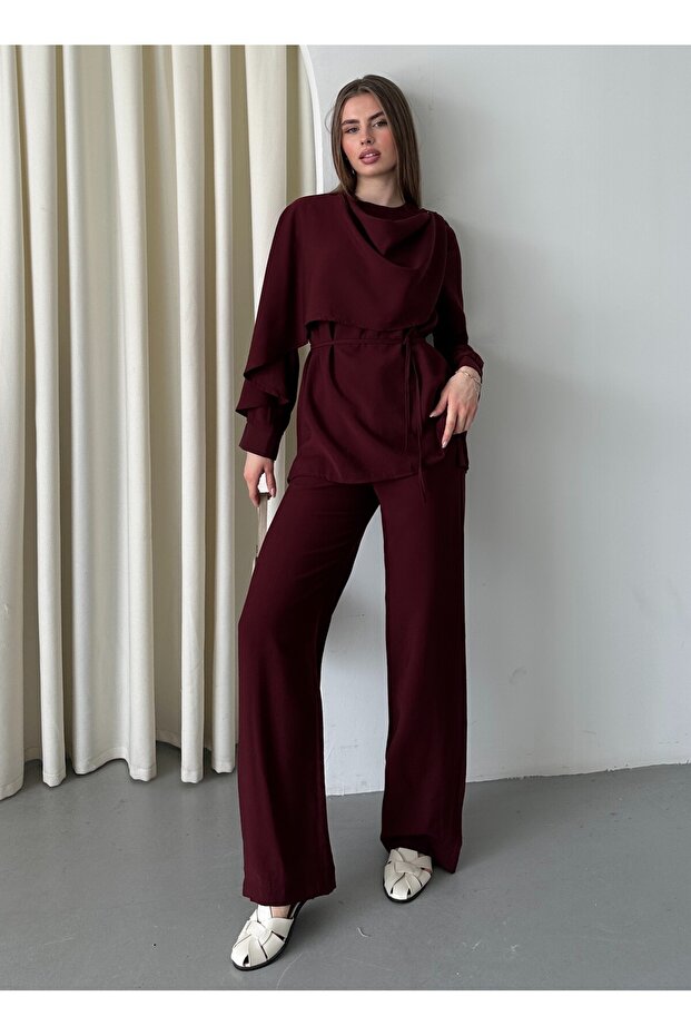 Claret Red Drape Collar Blouse Trousers Set - 8625