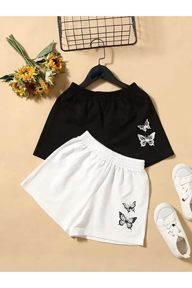 Girls 2 Pack Black and White Butterflies Print Shorts