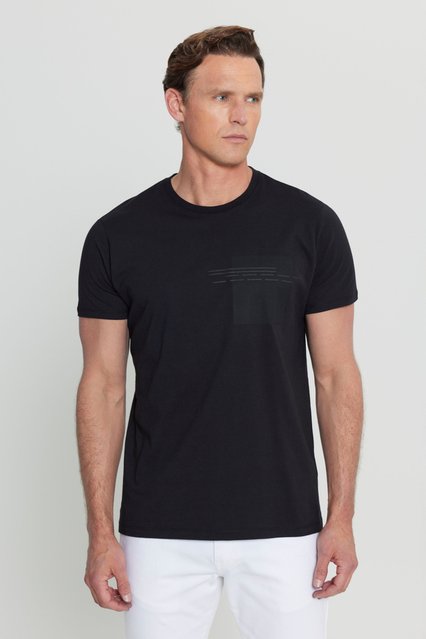 Men's Black Cotton Slim Fit Slim Fit Printed Crew Neck Stretch T-Shirt