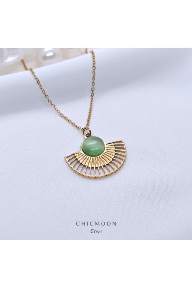 Steel Gold Color Green Stone Fan Necklace