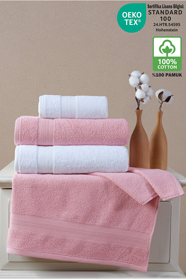 4-Piece Bath Towel Set 100% Cotton Certified, 50X80 - 70X130, Pink and White with Diamond Pattern Border