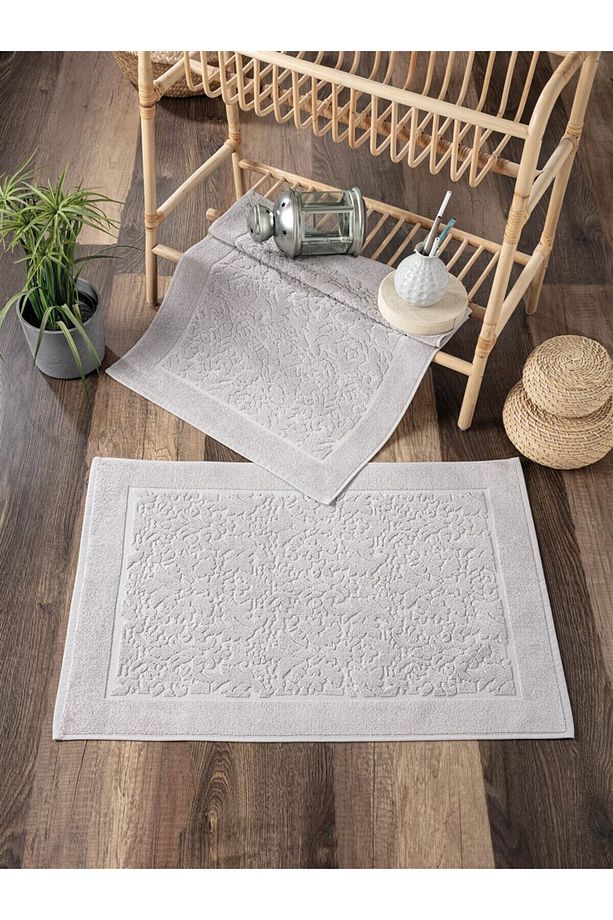 %100 Pamuklu 2'li Set Ayak Havlusu - Yumuşak & Kalın - Gri & Damask Desenli Havlu Takımı - 50x70 Cm - 1
