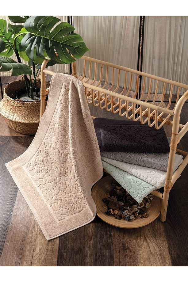 %100 Pamuklu 2'li Set Ayak Havlusu - Yumuşak & Kalın - Gri & Damask Desenli Havlu Takımı - 50x70 Cm - 5