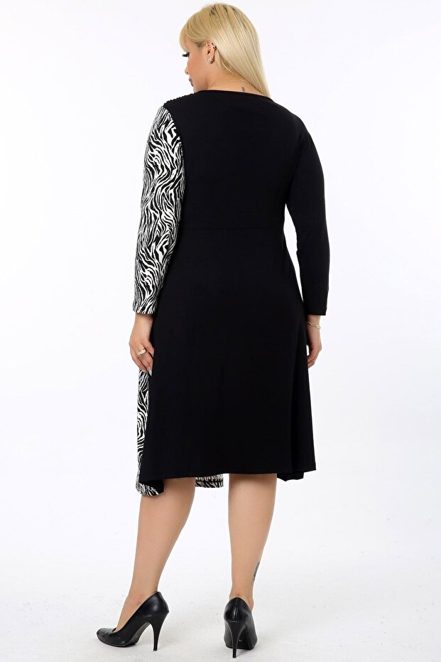 Kemerli Kruvaze Zebra Desen Çift Renk Uzun Kol Şardonlu Elbise - 6