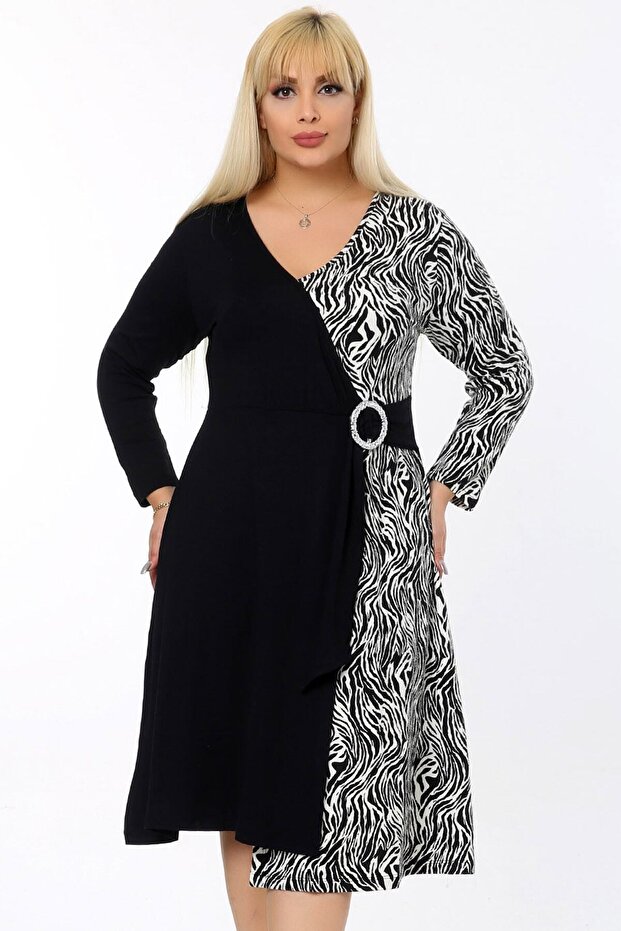 Kemerli Kruvaze Zebra Desen Çift Renk Uzun Kol Şardonlu Elbise - 4