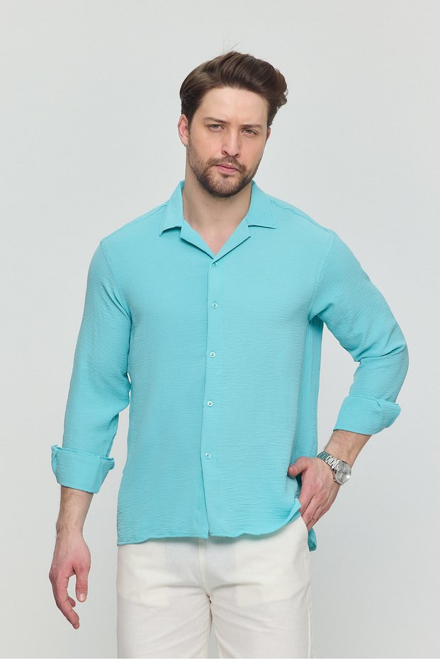 Men's Summer Shirt Textured Loose Fit Long Sleeve Summer Oversize Men's Shirt Turquoise