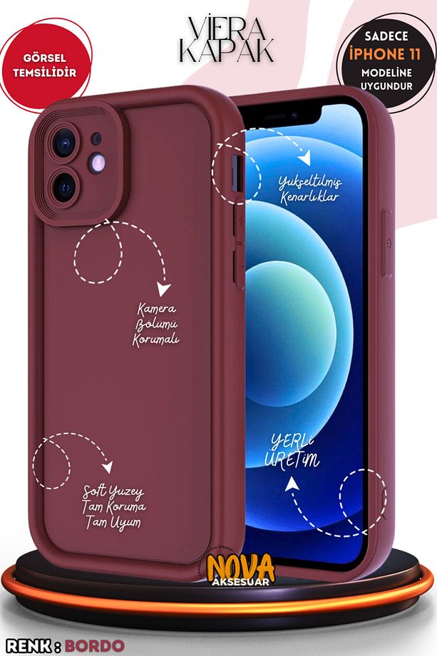 iPhone 11 Kılıf Soft Doku & Çıkıntılı & Kamera Korumalı Silikon 3d Kapak v1 - BORDO - 2