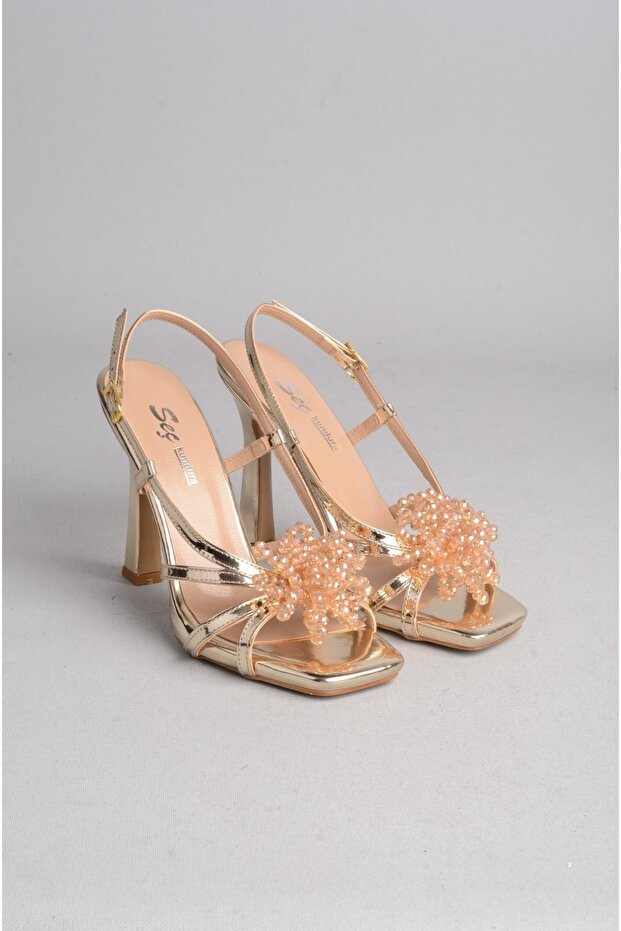 Select 886 striped heel evening shoes gold